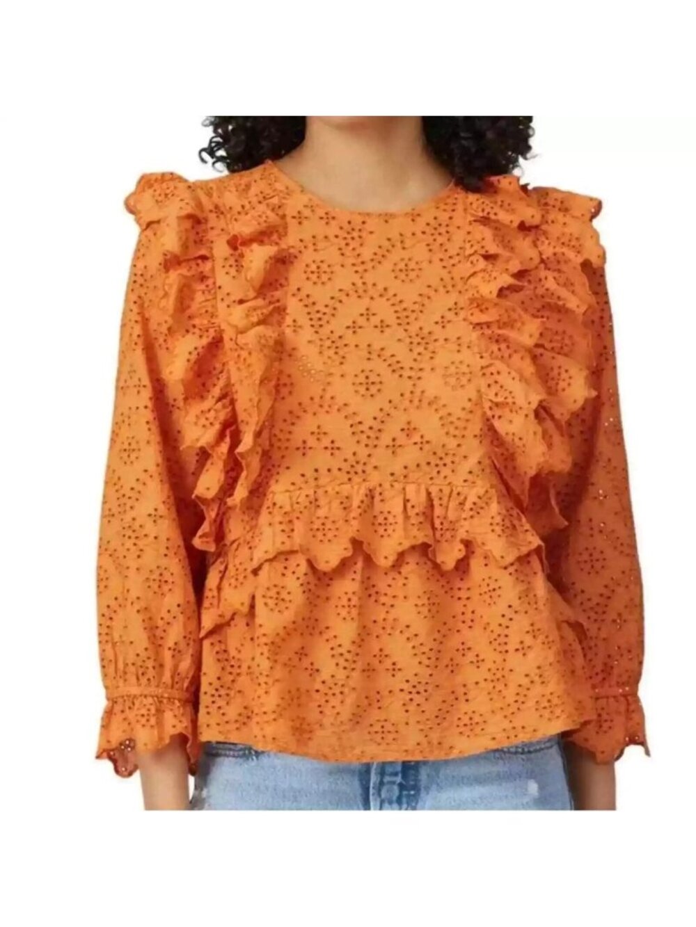 The Great Top Women's Orange Floral Eyelet Ruffled Peplum Long Sleeve Blouse M